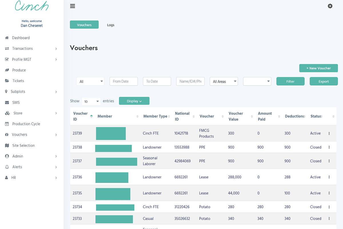 Cinch Markets Web App Vouchers