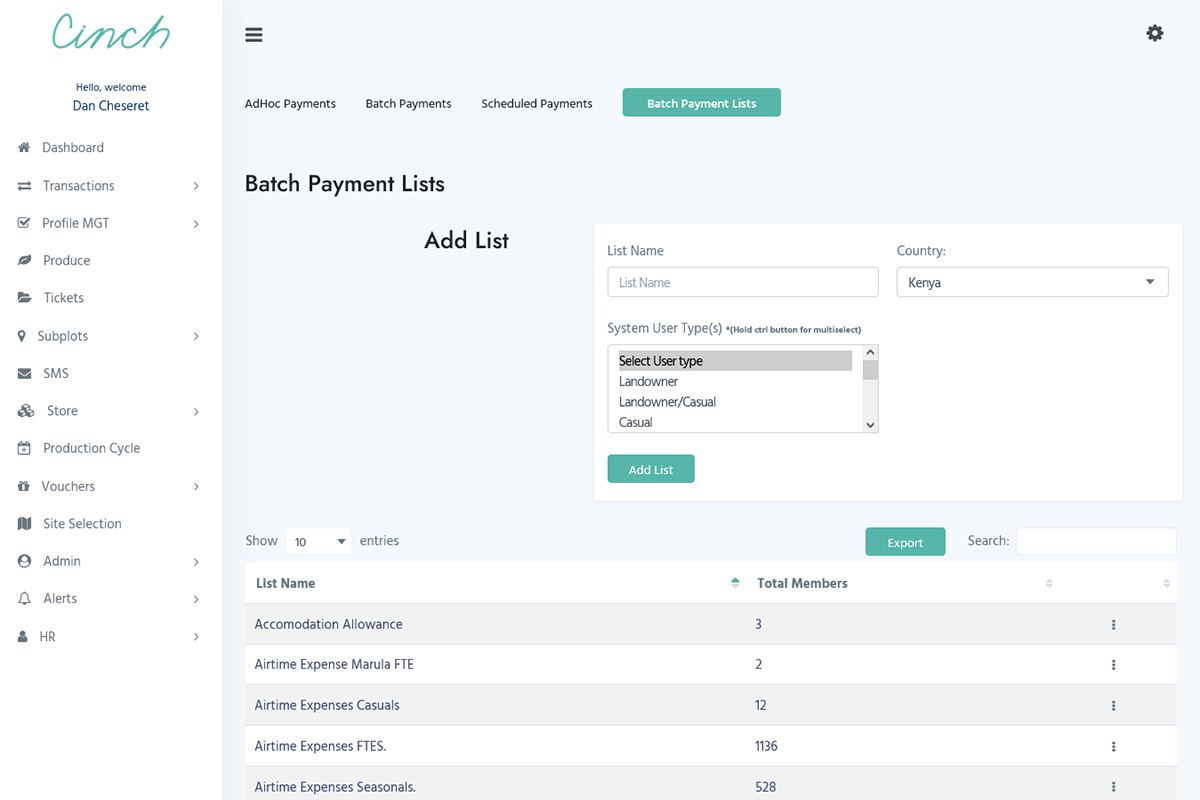 Cinch Markets Web App Batch Payment Lists