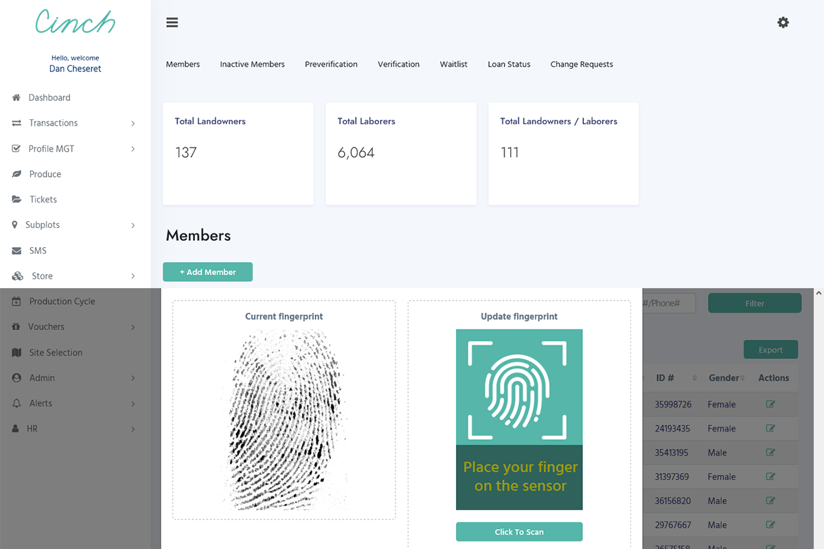 Cinch Markets Web App Fingerprint Scanning