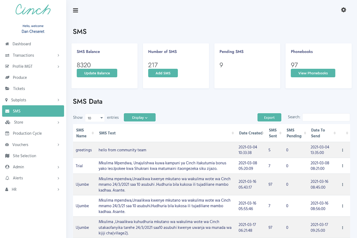 Cinch Markets Web App SMS