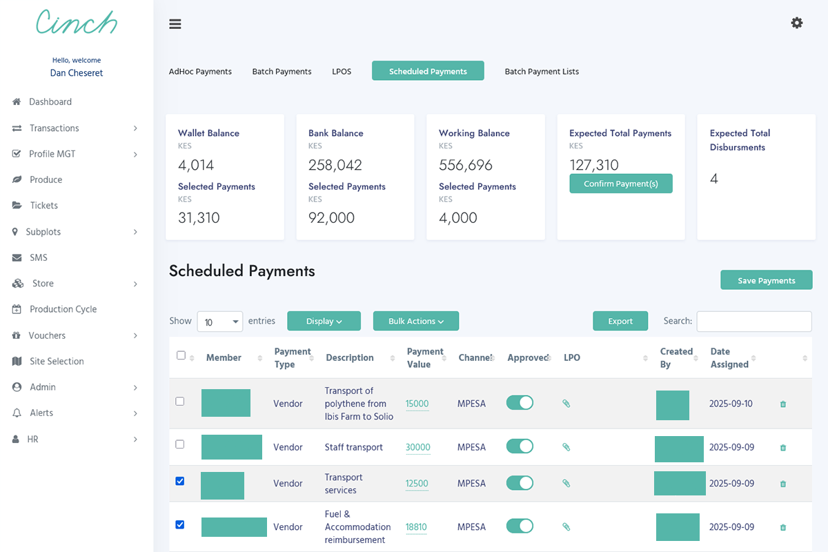 Cinch Markets Web App Payments