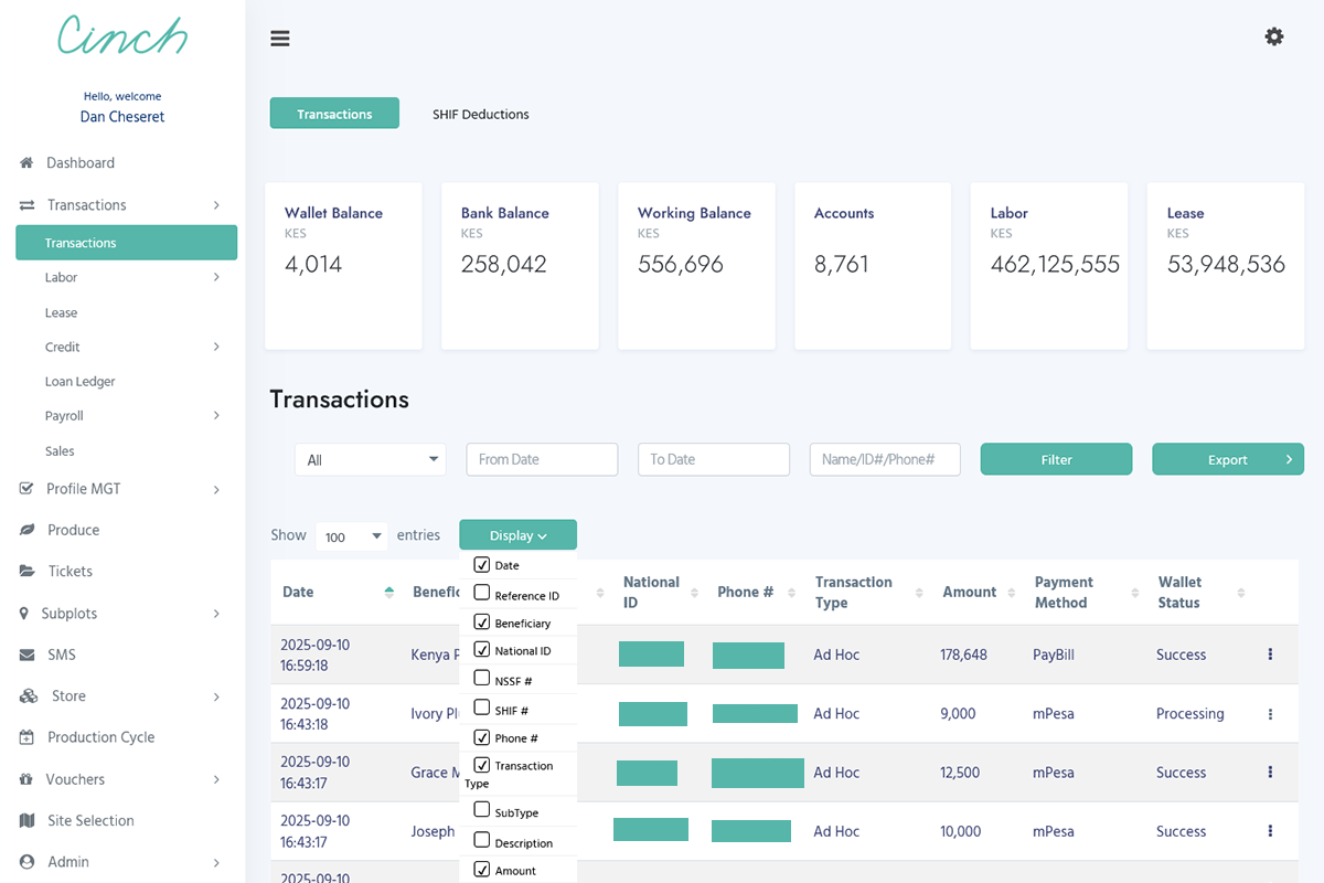 Cinch Markets Web App Transactions