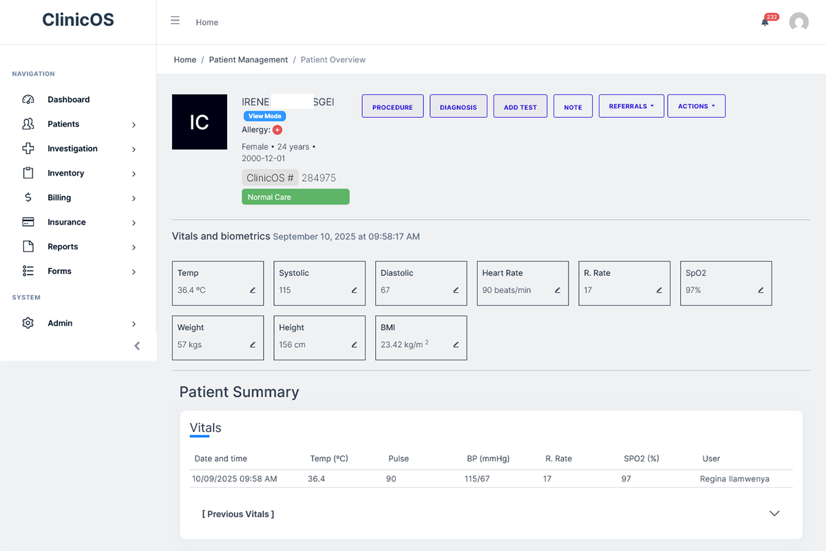 ClinicOs Hospital Management Web App Patient Overview
