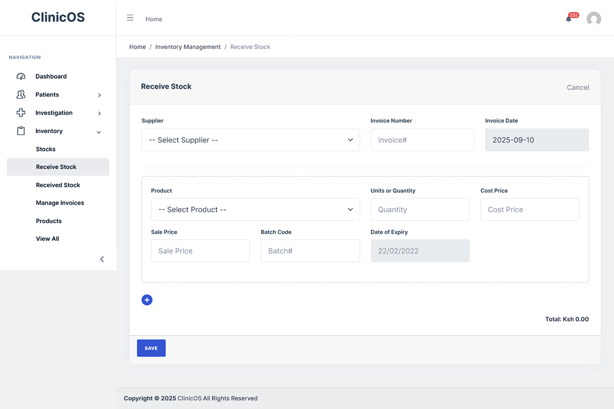 ClinicOs Hospital Management Web App Receive Stock