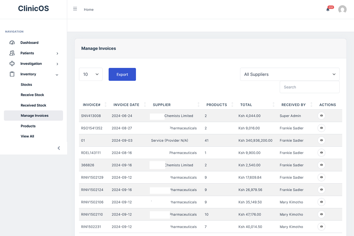 ClinicOs Hospital Management Web App Invoices