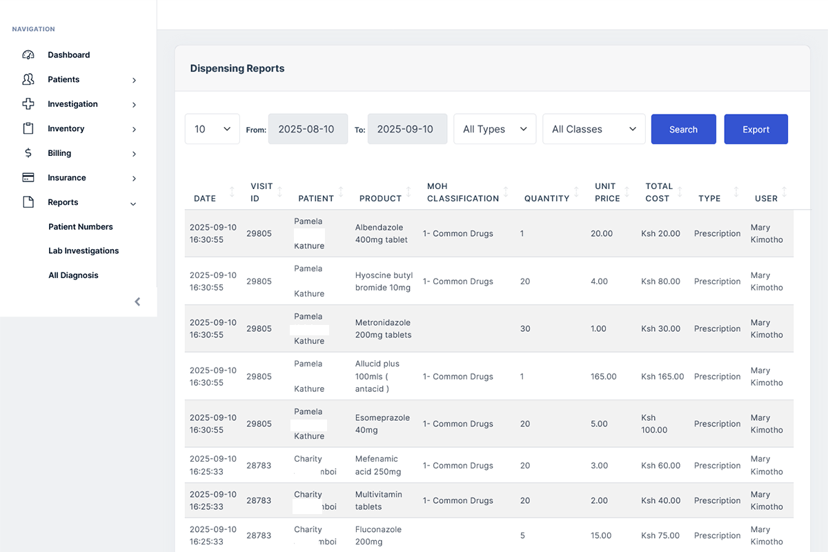 ClinicOs Hospital Management Web App Family Dispensing Report