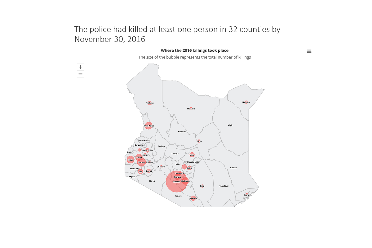Deadly Force - Police Killings in Kenya as of November 2016 Bubble Map