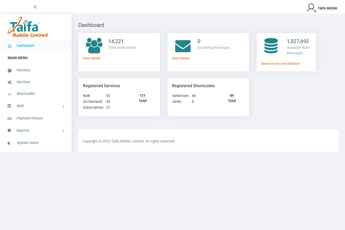 Taifa Mobile Bulk SMS Dashboard