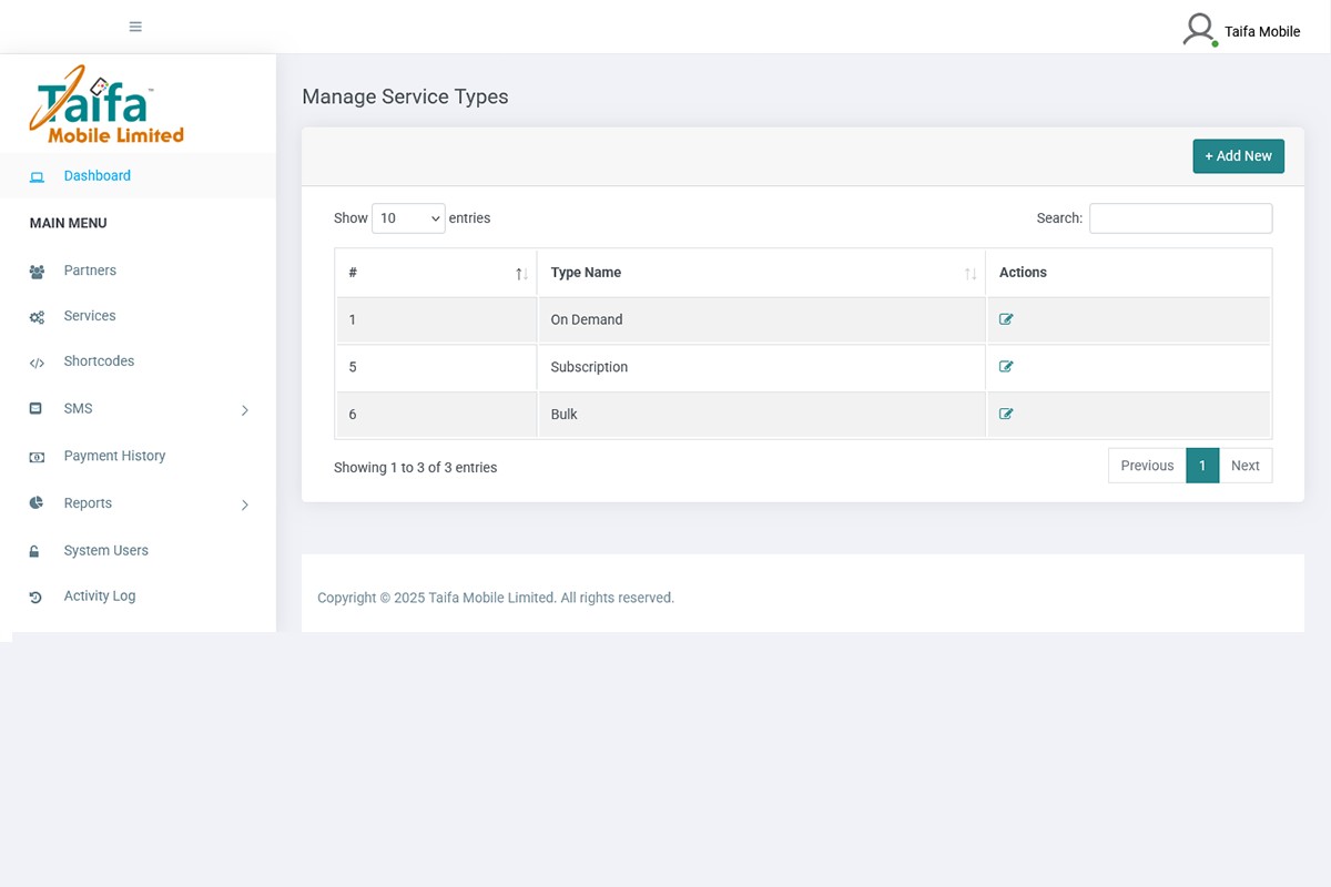 Taifa Mobile Bulk SMS Manage Service Types