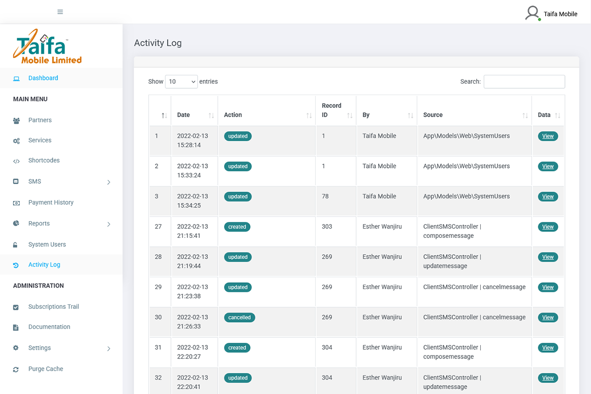 Taifa Mobile Bulk SMS Activity Log