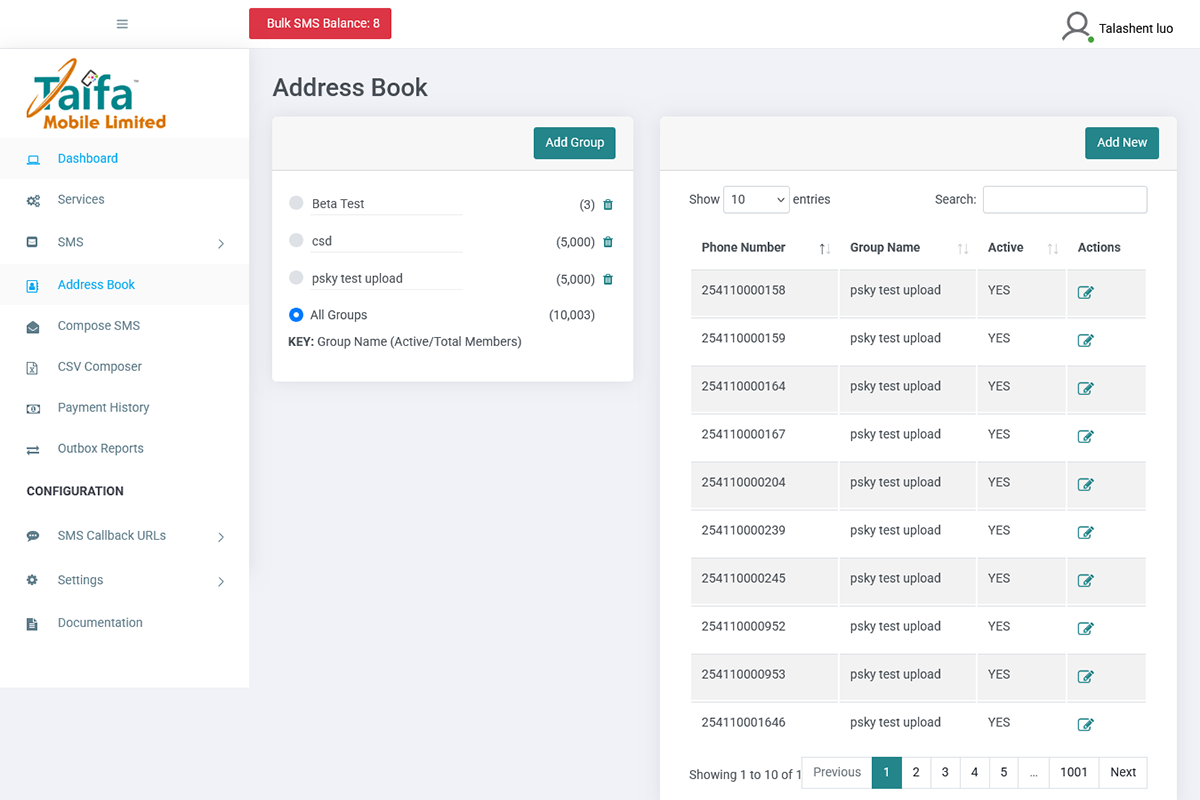 Taifa Mobile Bulk SMS Address Book