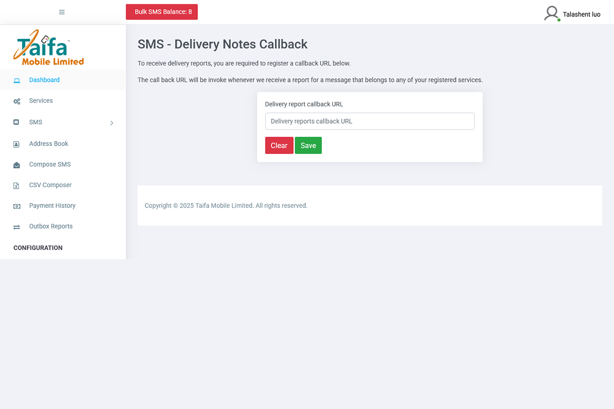 Taifa Mobile Bulk SMS Delivery Notes Callback