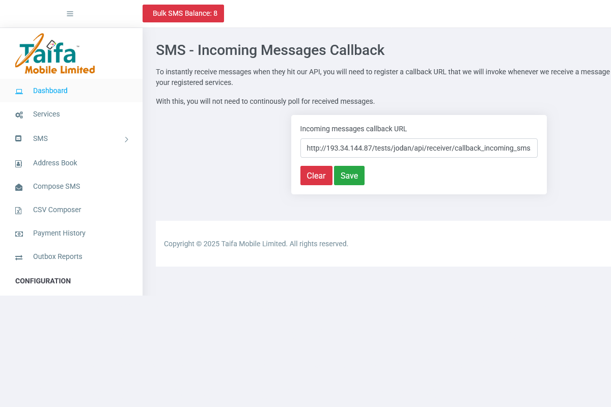 Taifa Mobile Bulk SMS Incoming Messages Callback
