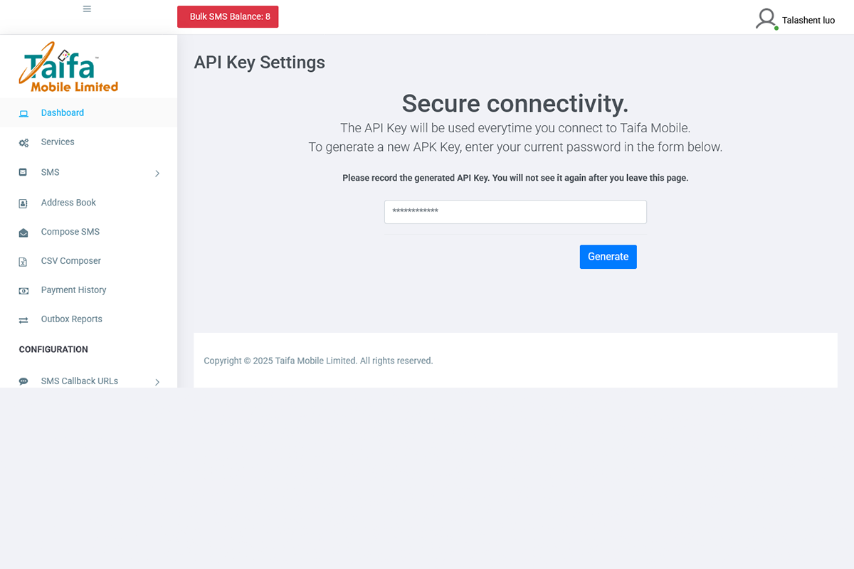 Taifa Mobile Bulk SMS API Settings