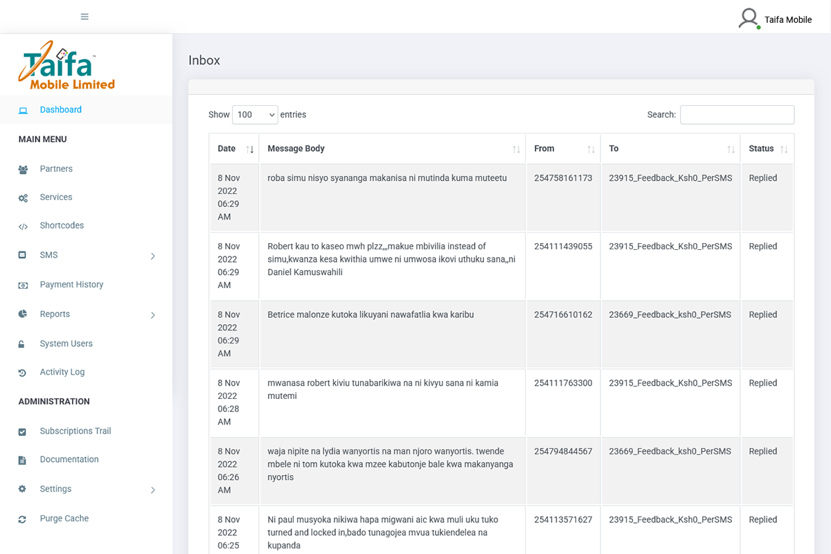 Taifa Mobile Bulk SMS Inbox