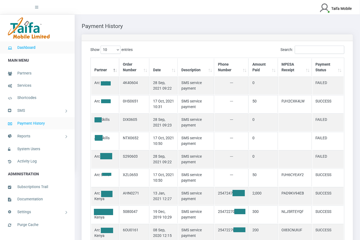 Taifa Mobile Bulk SMS Payment History