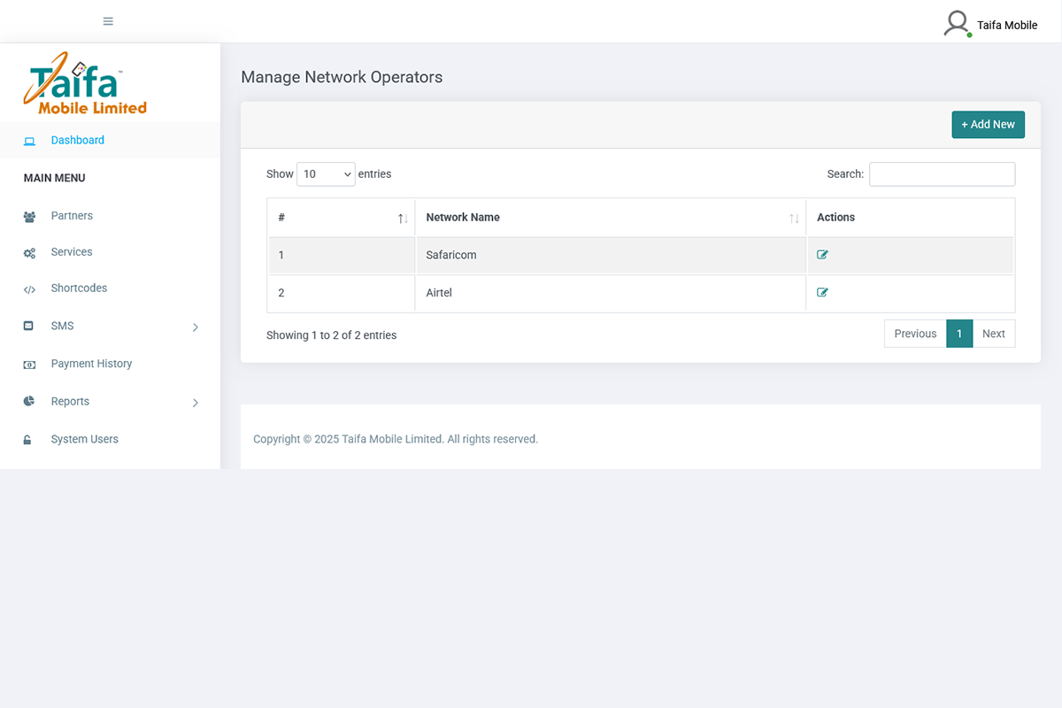 Taifa Mobile Bulk SMS Manage Network Operators